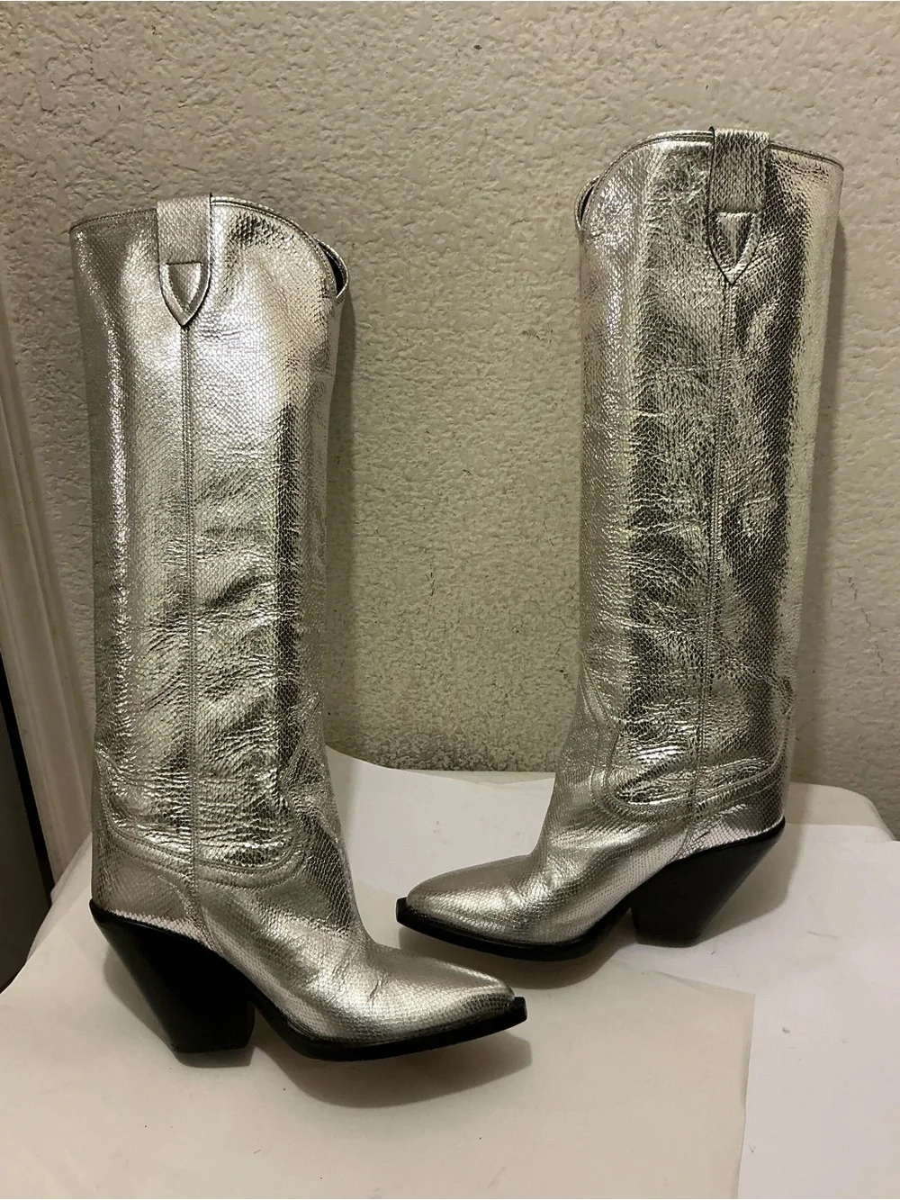 Isabel Marant Silver Metallic Lomero knee high leather boots 38